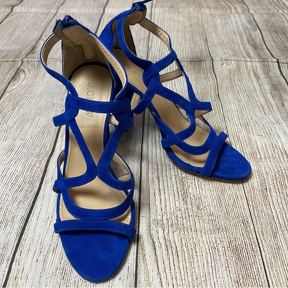 J Crew Geometric Strappy High Heel Sandals Blue Suede Made in Italy Sz 6 - Picture 4 of 11